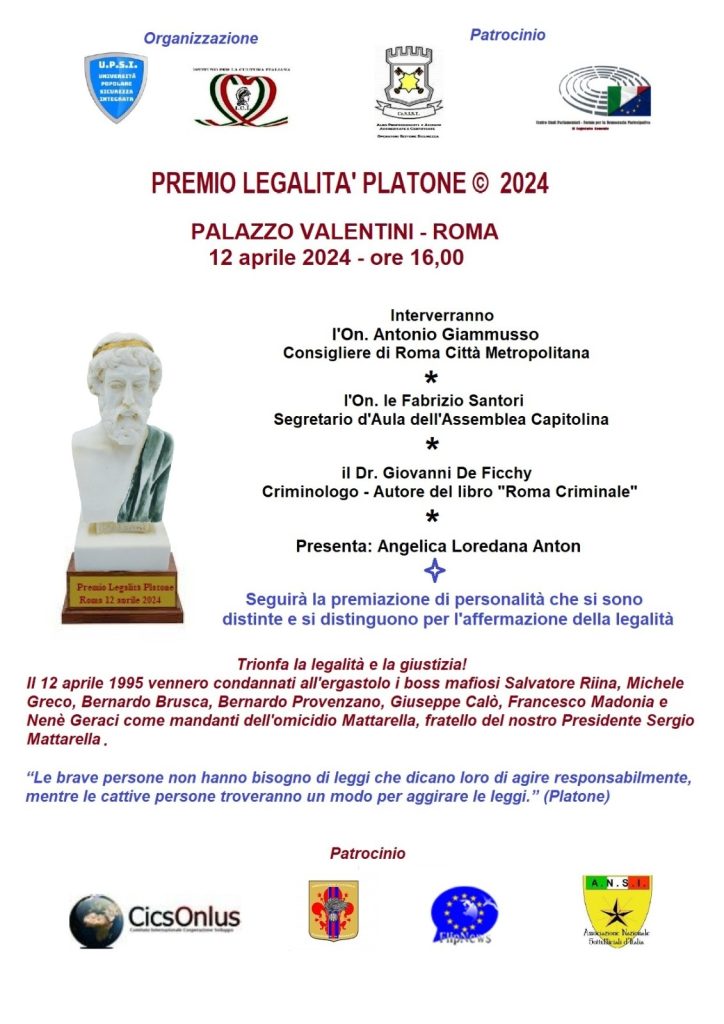 Locandina del Premio Legalità Platone 2024, Palazzo Valentini, Roma, 12 aprile 2024