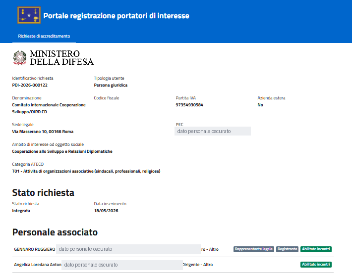Registrazione al Portale dei portatori di interesse del Ministero della Difesa